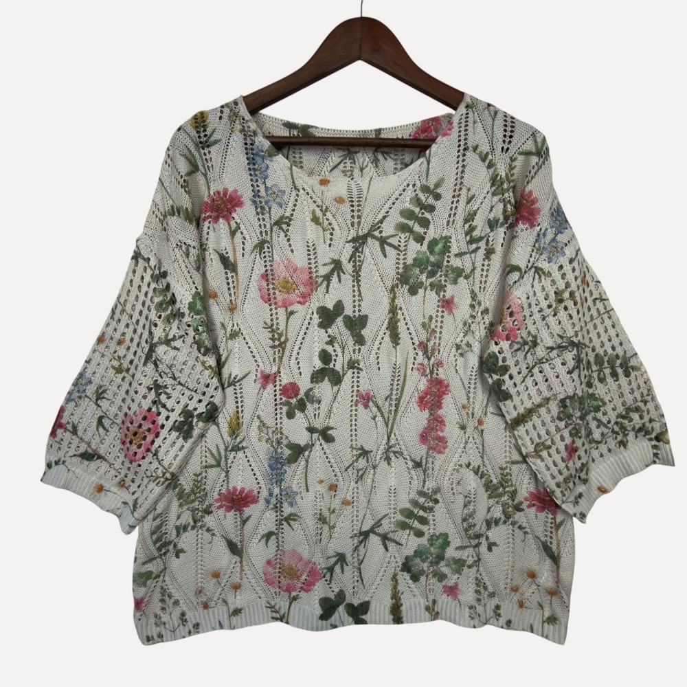 Floral Crochet Knit Top Women Large Cream Cottagecore Pointelle Pullover